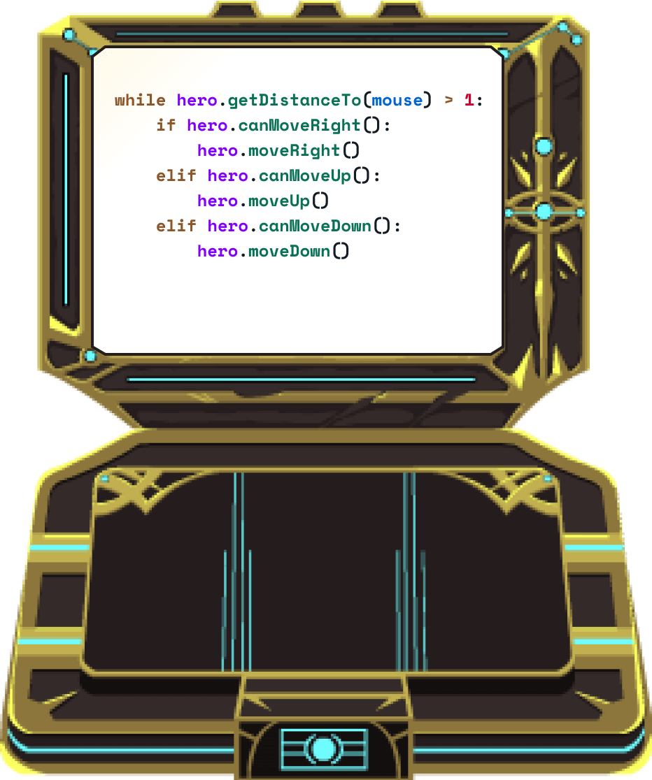 Fantasy laptop with code written on it to help hero traverse gap shown in the animation image.